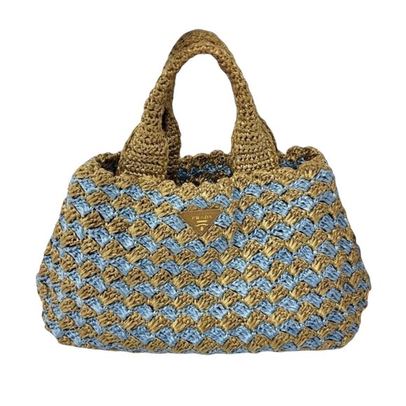 PRADA Vintage Logo Raffia Tote Bag Stripe Blue Beige Polyethylene Snap [105516] - Picture 5 of 14